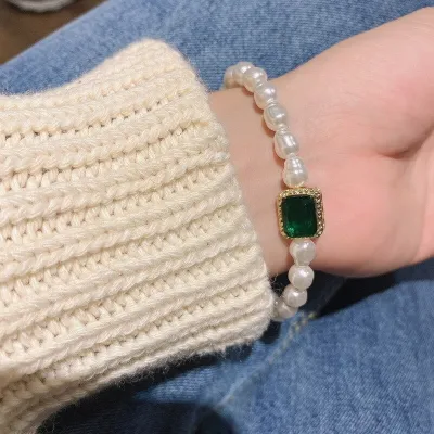 Pearl Beaded Green Crystal Charm Bracelet